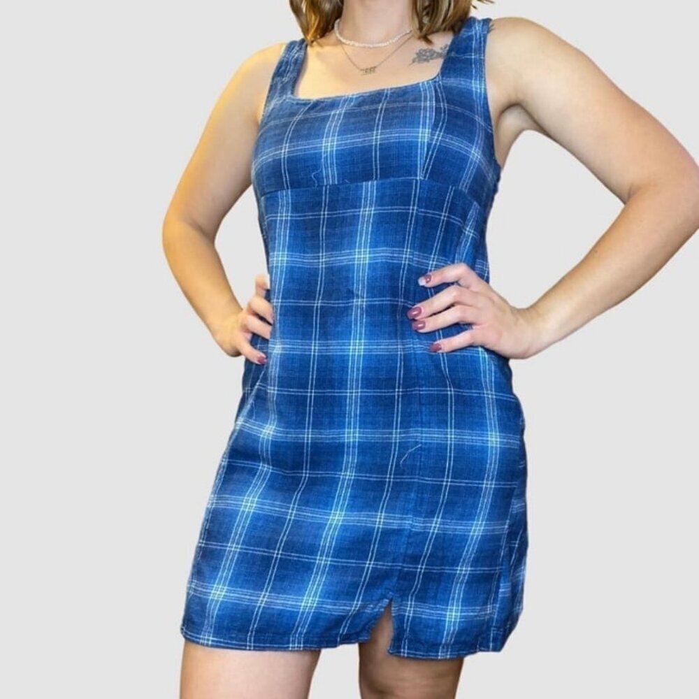NWT American Eagle Blue Navy Plaid Sleeveless Mini Dress Women’s Size Small